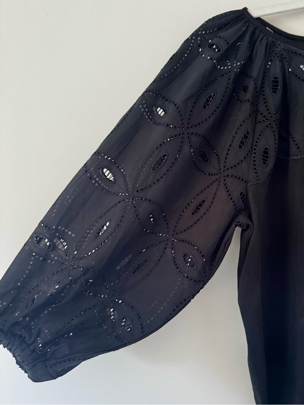 Anthro Calligraphie 3/4 Sleeve Eyelet Cotton Peasant Top, Black – Size Small - Picture 3 of 7